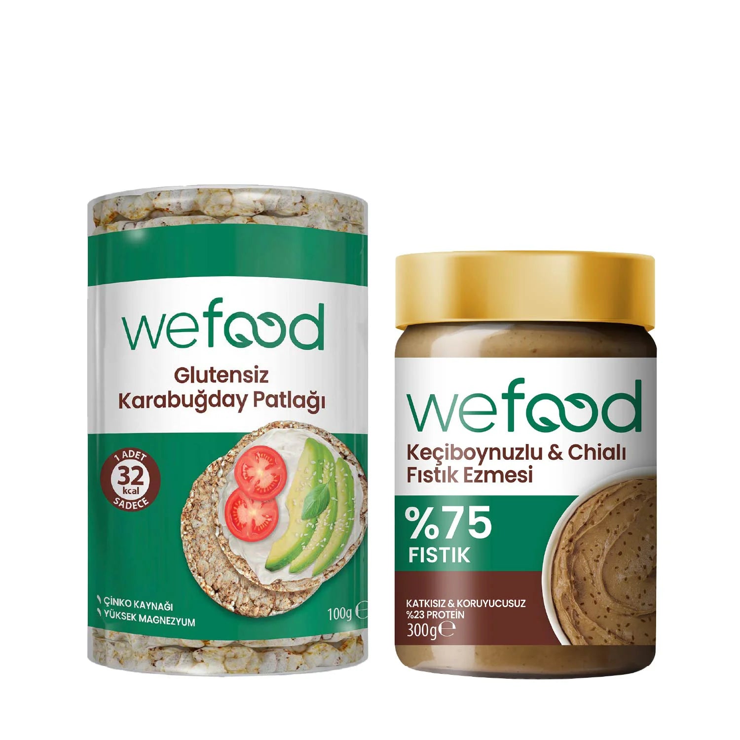 Wefood Keçiboynuzlu & Chialı Fıstık Ezmesi 300 g + Wefood Glutensiz Karabuğday Patlağı 100 gr